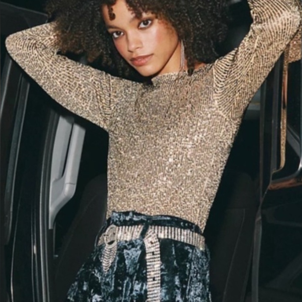 Zara Gold sheer shimmer Long Sleeve Top Small